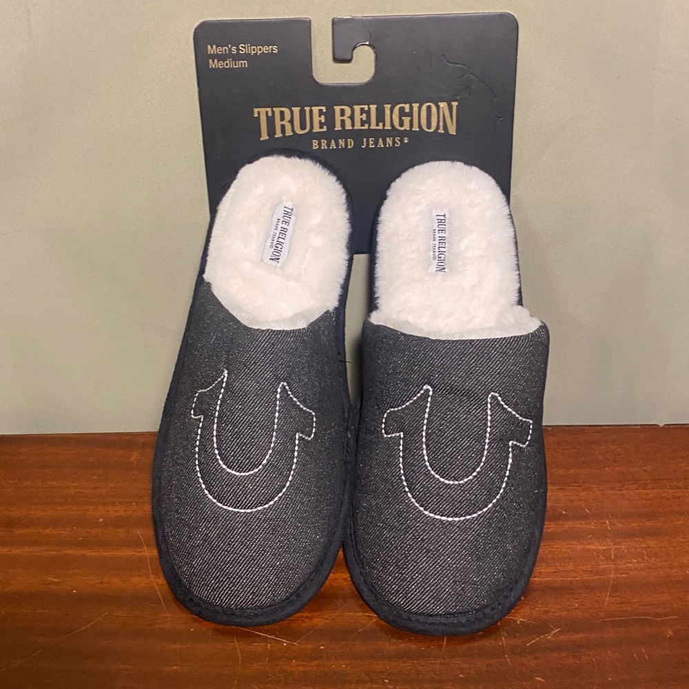 True religion Mens Slippers Sides Big Logo Medium 9/10 NWT